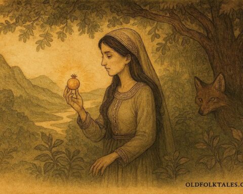 Parchment-style illustration of Nura holding a golden pomegranate seed, with a fox spirit in Bosnian folklore.