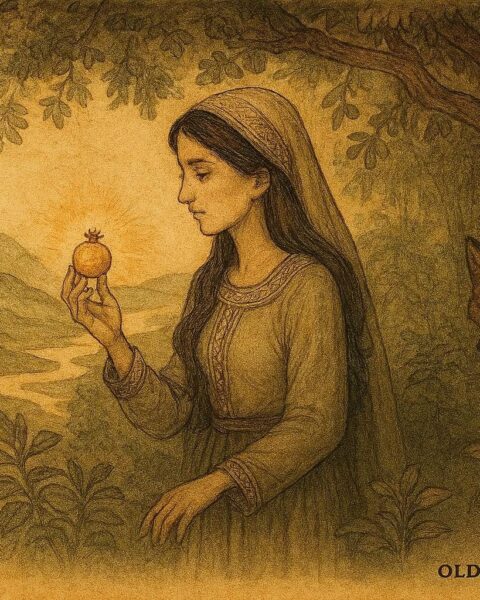 Parchment-style illustration of Nura holding a golden pomegranate seed, with a fox spirit in Bosnian folklore.