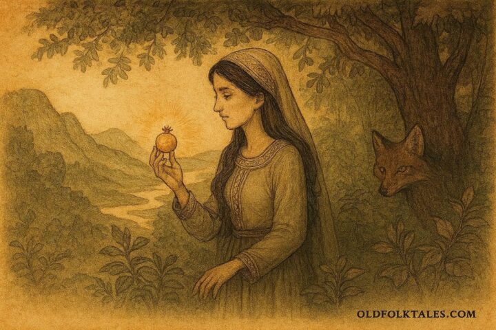 Parchment-style illustration of Nura holding a golden pomegranate seed, with a fox spirit in Bosnian folklore.