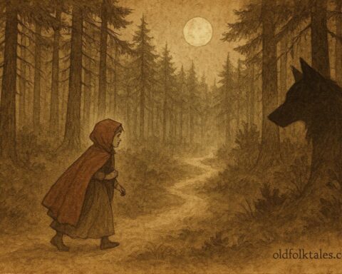 Parchment-style illustration of Little Red Riding Hood on a forest path, French folktale scene.