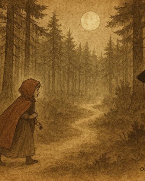 Parchment-style illustration of Little Red Riding Hood on a forest path, French folktale scene.