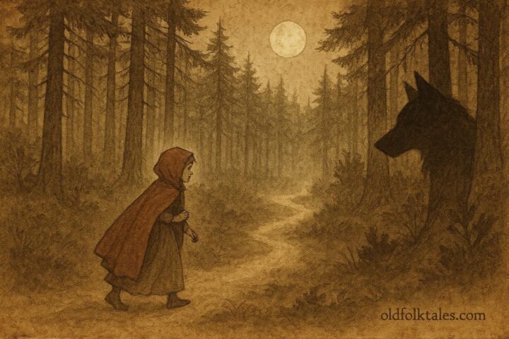 Parchment-style illustration of Little Red Riding Hood on a forest path, French folktale scene.