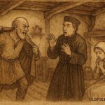 Parchment-style illustration of Old Hildebrand exposing betrayal in an Austrian folktale scene.