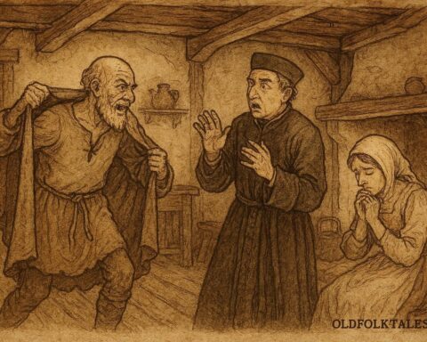 Parchment-style illustration of Old Hildebrand exposing betrayal in an Austrian folktale scene.
