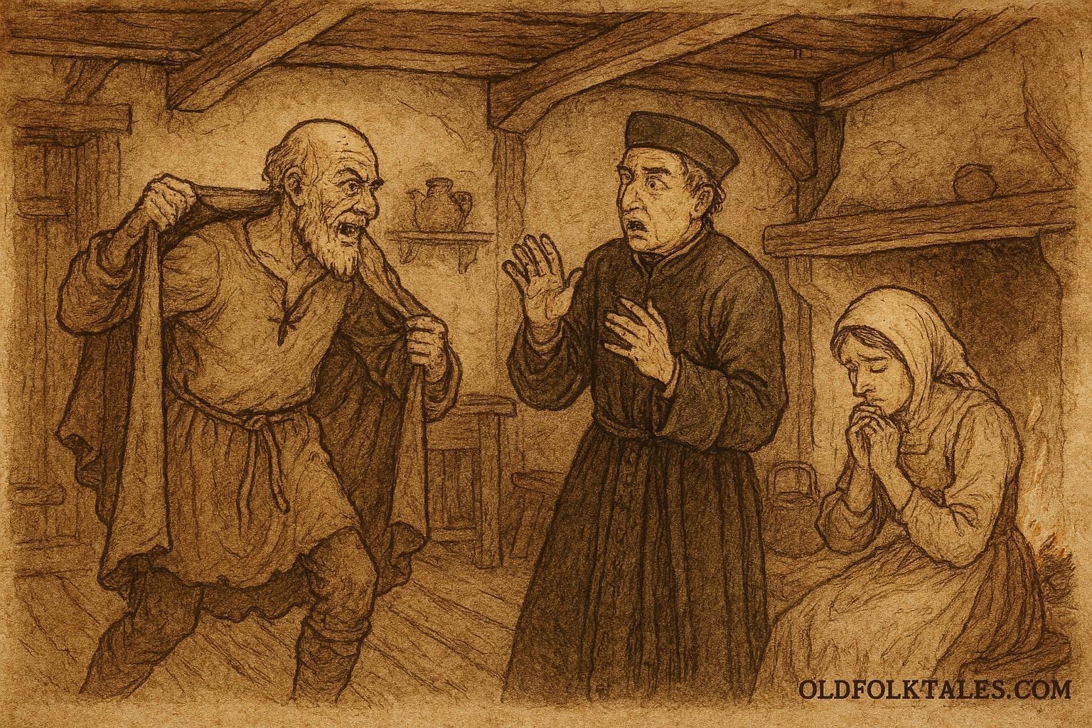 Parchment-style illustration of Old Hildebrand exposing betrayal in an Austrian folktale scene.