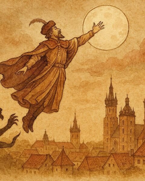 Parchment-style artwork of Pan Twardowski ascending to the Moon, Polish folktale scene.