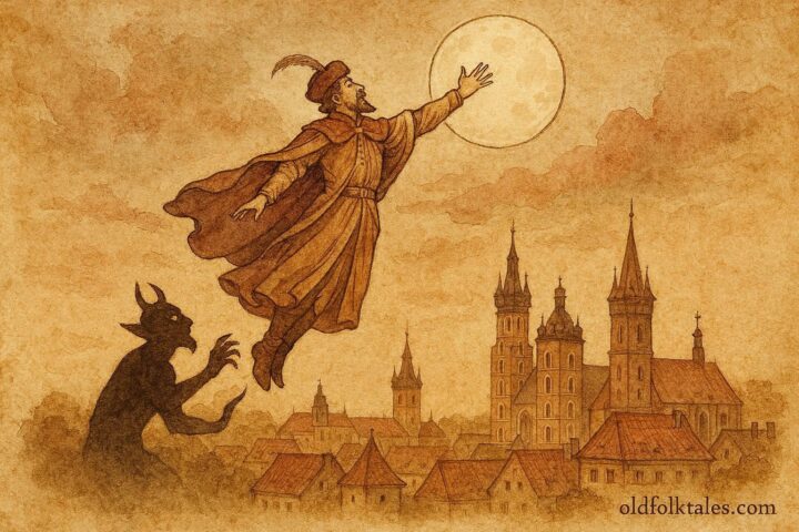 Parchment-style artwork of Pan Twardowski ascending to the Moon, Polish folktale scene.