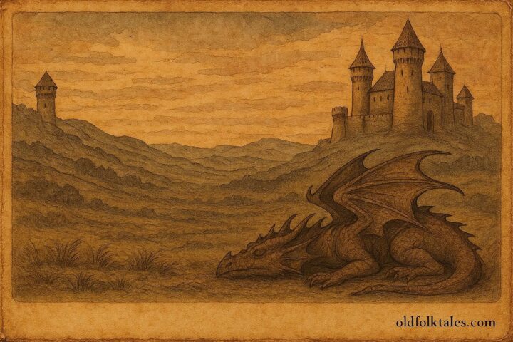 An illustration of Prince Bajaja defeating a dragon, Slovak folktale scene.