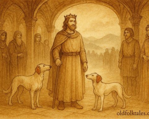 Parchment-style illustration of Pwyll ruling Annwn with Arawn’s white hounds, Welsh folktale.