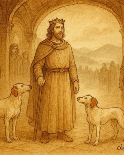 Parchment-style illustration of Pwyll ruling Annwn with Arawn’s white hounds, Welsh folktale.