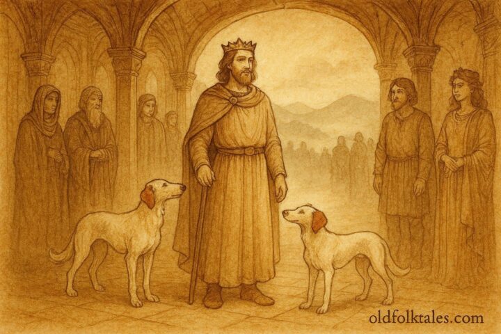 Parchment-style illustration of Pwyll ruling Annwn with Arawn’s white hounds, Welsh folktale.