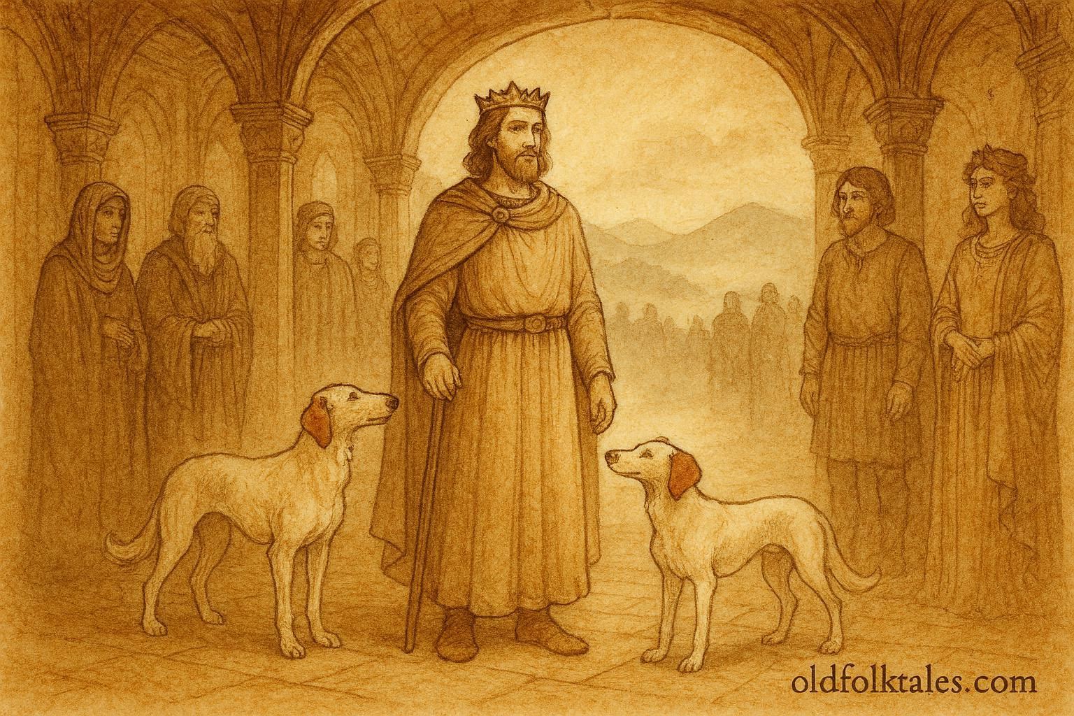 Parchment-style illustration of Pwyll ruling Annwn with Arawn’s white hounds, Welsh folktale.