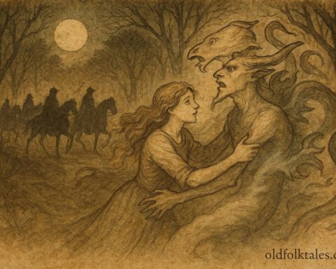 Parchment-style illustration of Janet holding Tam Lin during his fairy transformation, Scottish folktale.