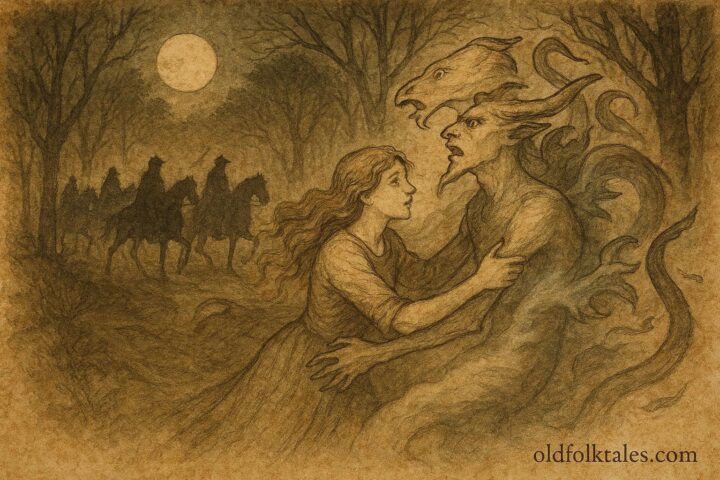 Parchment-style illustration of Janet holding Tam Lin during his fairy transformation, Scottish folktale.