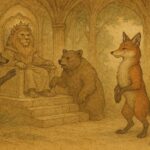 Parchment-style illustration of Reynard the Fox before an animal court, Flemish folktale.