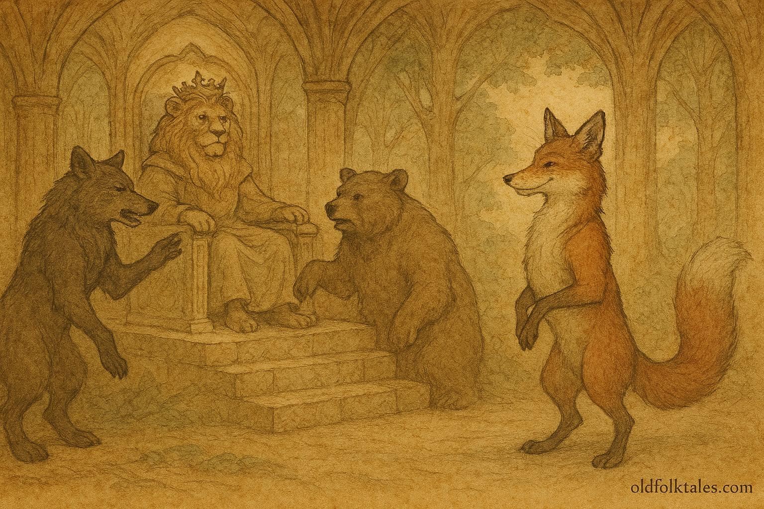 Parchment-style illustration of Reynard the Fox before an animal court, Flemish folktale.