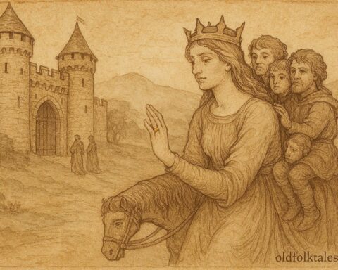 Parchment-style illustration of Rhiannon humbly enduring punishment, Welsh folktale scene.