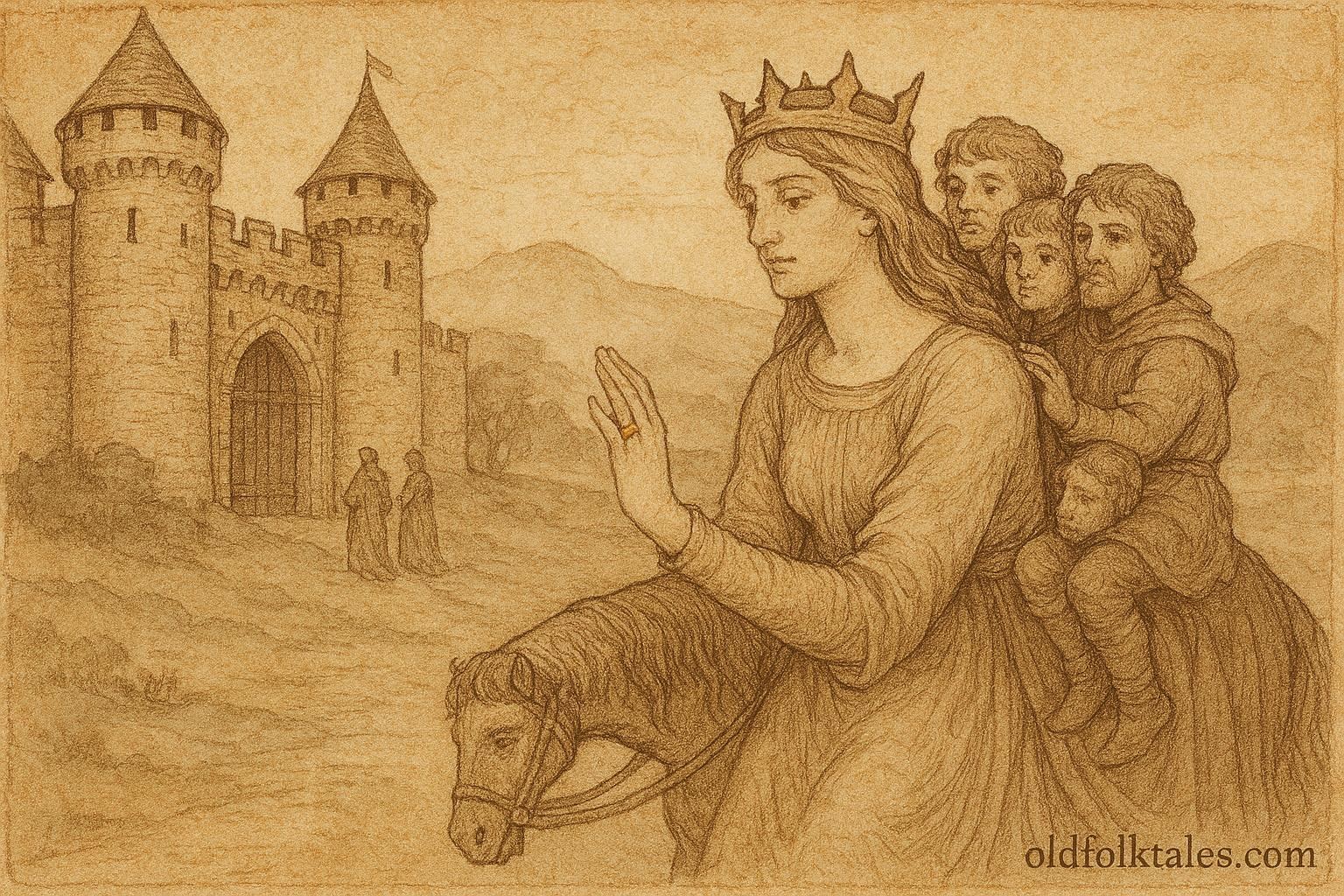 Parchment-style illustration of Rhiannon humbly enduring punishment, Welsh folktale scene.