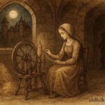 Parchment-style illustration of a miller’s daughter spinning straw into gold, German folktale scene.