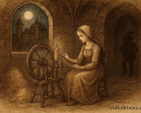 Parchment-style illustration of a miller’s daughter spinning straw into gold, German folktale scene.