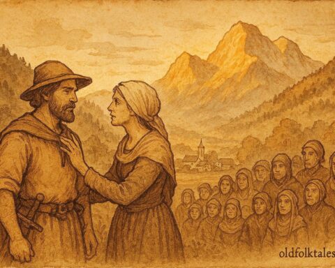 An illustration of Stauffacherin advising villagers in Schwyz, Swiss legend scene.