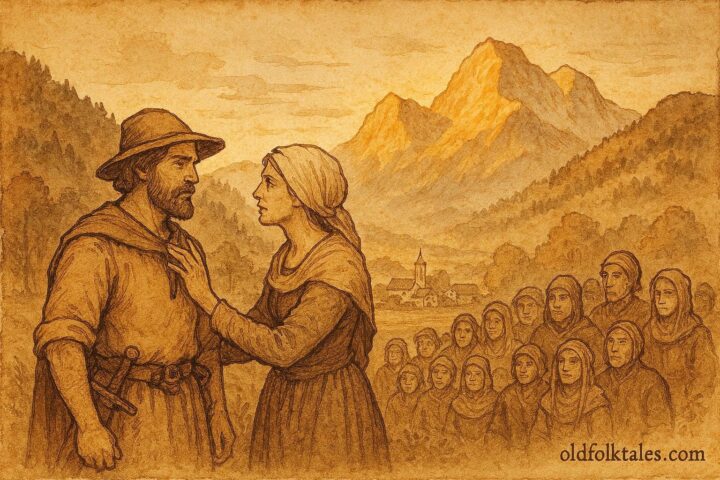An illustration of Stauffacherin advising villagers in Schwyz, Swiss legend scene.
