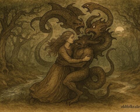 An illustration of Janet holding Tam Lin as he transforms in Carterhaugh forest, Scottish-English folktale scene.