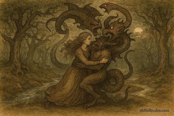 An illustration of Janet holding Tam Lin as he transforms in Carterhaugh forest, Scottish-English folktale scene.