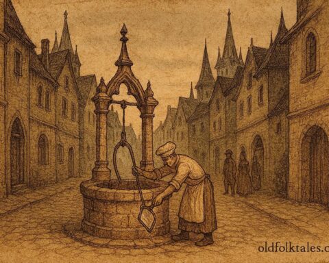An illustration of a baker defeating the basilisk in a Vienna well, Austrian folktale.