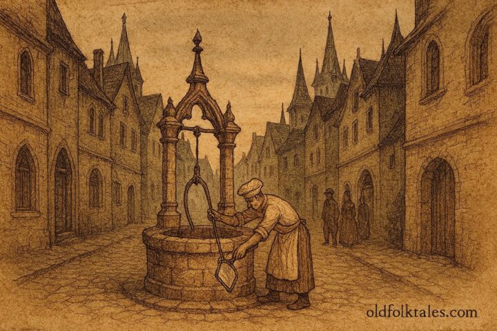 An illustration of a baker defeating the basilisk in a Vienna well, Austrian folktale.