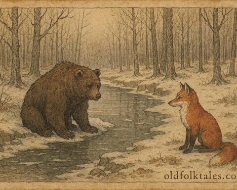 An illustration of a fox outwitting a bear, Romanian folktale scene.