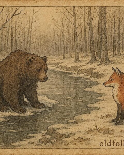 An illustration of a fox outwitting a bear, Romanian folktale scene.