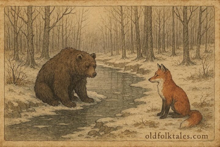 An illustration of a fox outwitting a bear, Romanian folktale scene.