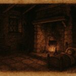 Parchment-style illustration of a shadowy English hearth scene symbolizing the Bogeyman from English folklore.