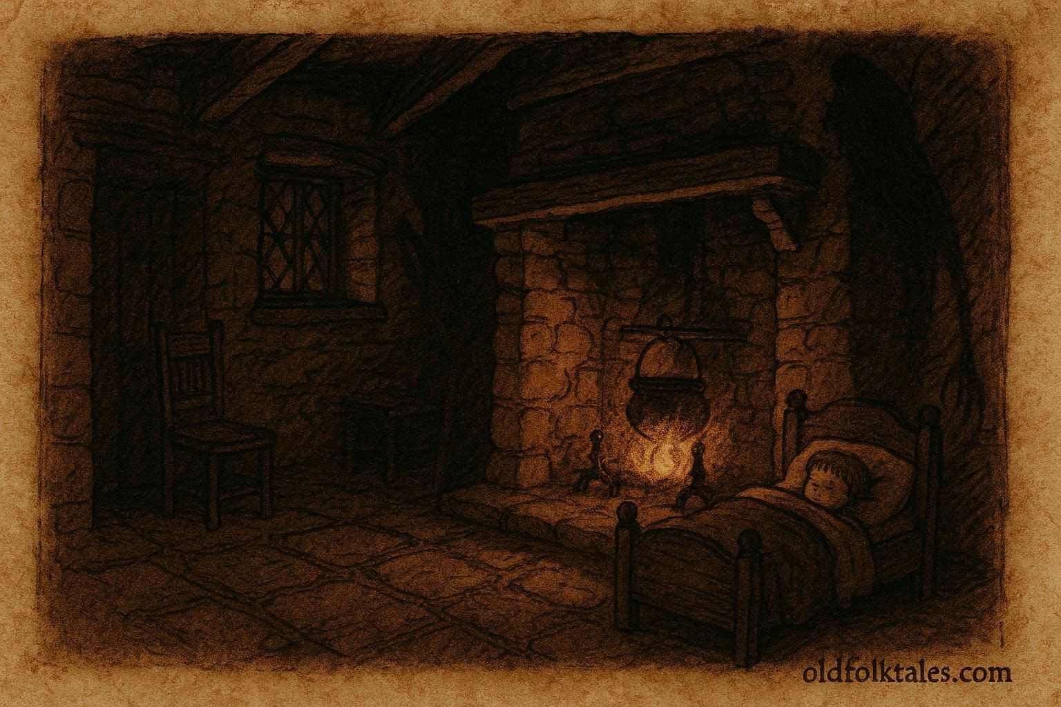 Parchment-style illustration of a shadowy English hearth scene symbolizing the Bogeyman from English folklore.