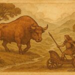 An artwork of Cú Chulainn confronting the Brown Bull in Irish hills, Celtic folktale scene.