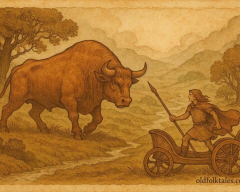 An artwork of Cú Chulainn confronting the Brown Bull in Irish hills, Celtic folktale scene.