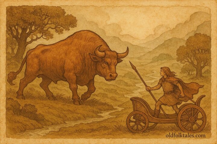 An artwork of Cú Chulainn confronting the Brown Bull in Irish hills, Celtic folktale scene.