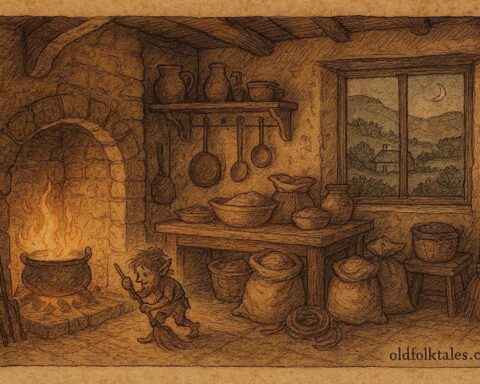 An illustration of the Brownie of Blednoch working at night in a Scottish Lowlands farm kitchen.