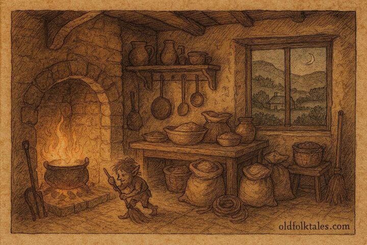 An illustration of the Brownie of Blednoch working at night in a Scottish Lowlands farm kitchen.