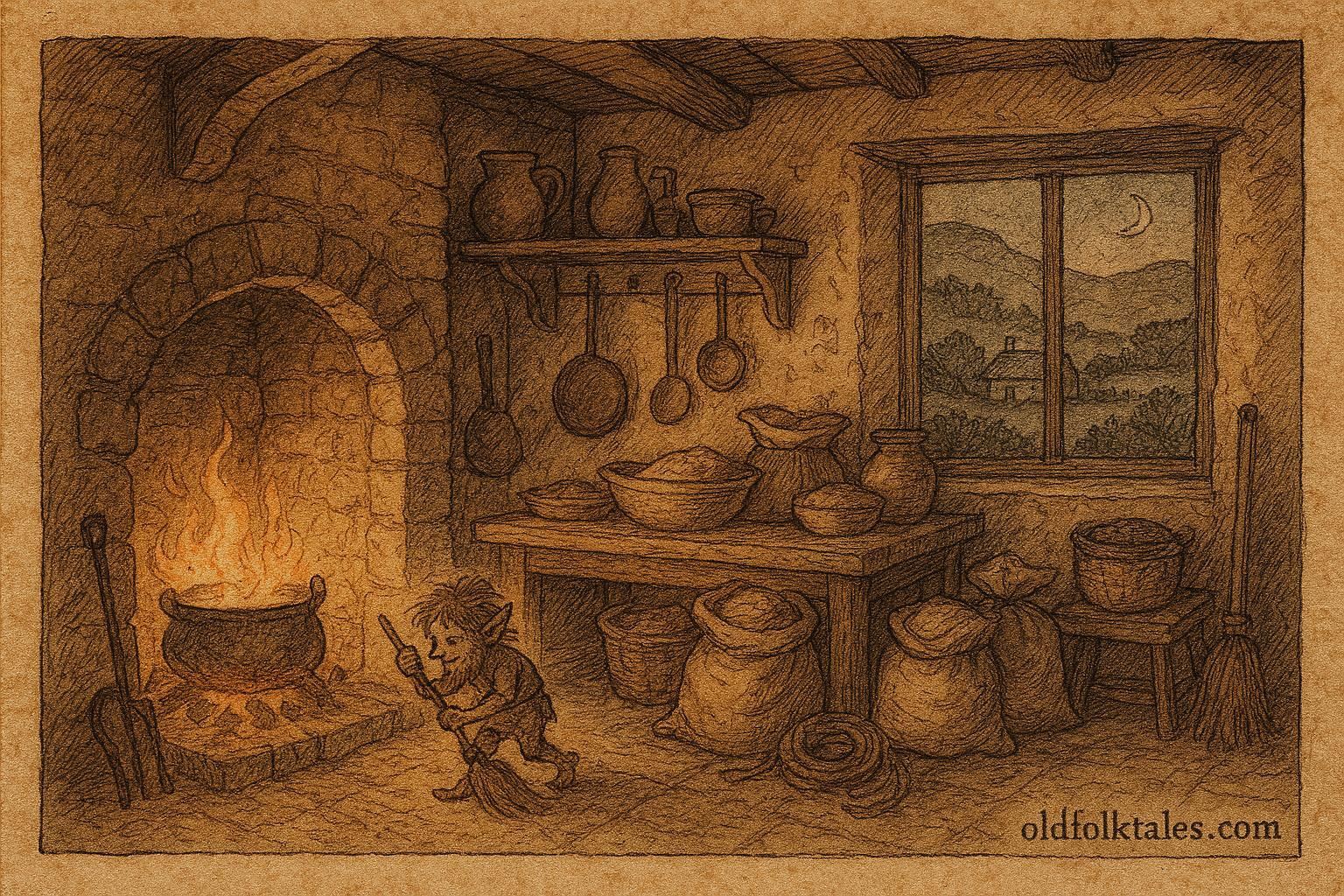 An illustration of the Brownie of Blednoch working at night in a Scottish Lowlands farm kitchen.