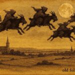 Parchment-style illustration of Buckriders flying on goats, Belgian folklore scene from Limburg.