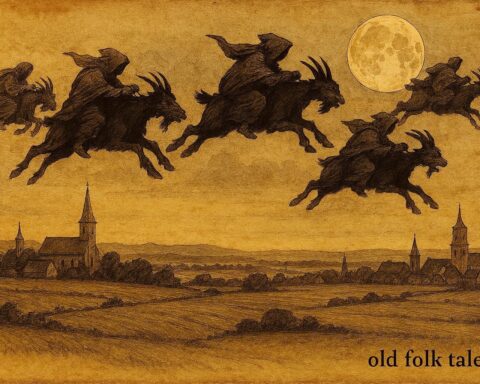 Parchment-style illustration of Buckriders flying on goats, Belgian folklore scene from Limburg.