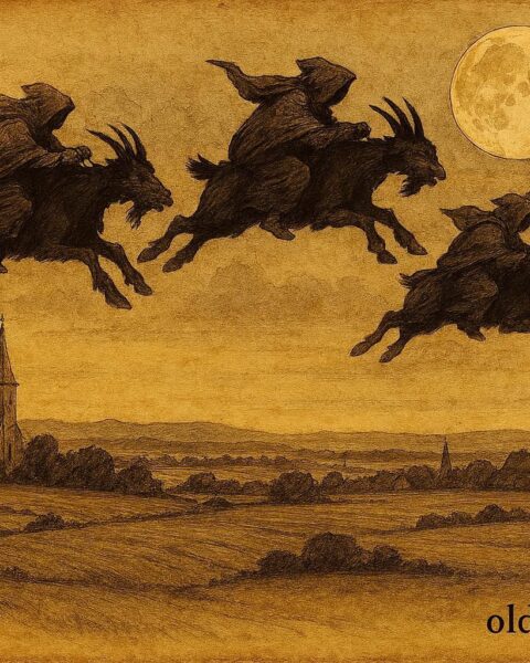 Parchment-style illustration of Buckriders flying on goats, Belgian folklore scene from Limburg.