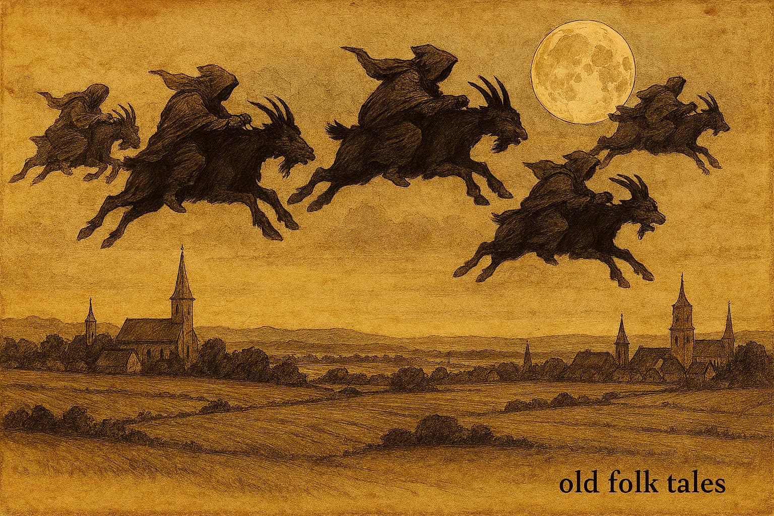 Parchment-style illustration of Buckriders flying on goats, Belgian folklore scene from Limburg.