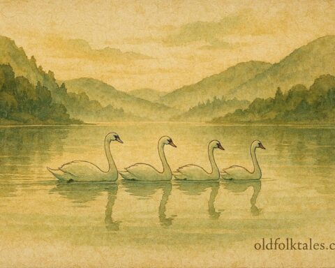 Parchment-style illustration of the Children of Lir as swans on an Irish lake, Irish folktale scene.