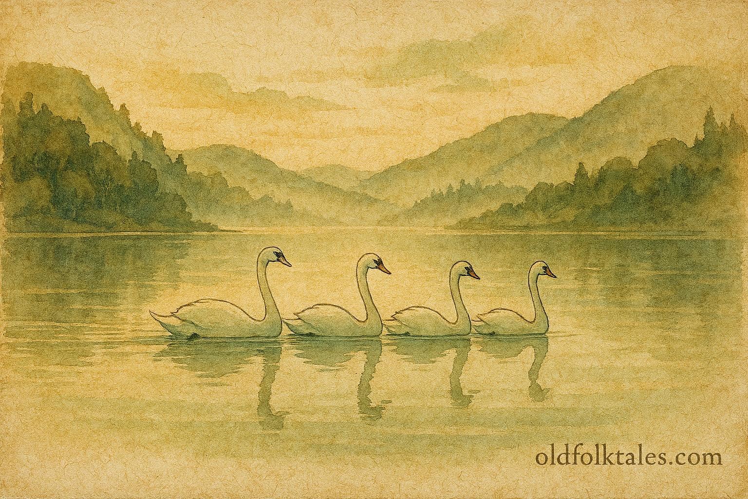 Parchment-style illustration of the Children of Lir as swans on an Irish lake, Irish folktale scene.