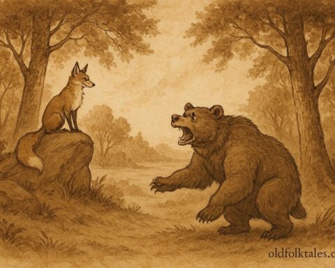 Parchment-style illustration of a clever fox tricking a proud bear in a Ukrainian forest.