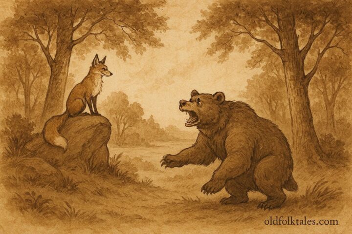Parchment-style illustration of a clever fox tricking a proud bear in a Ukrainian forest.