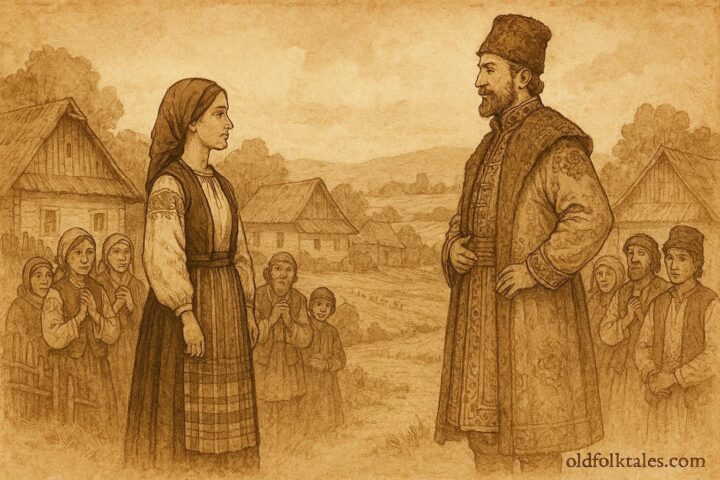 Parchment-style artwork of Mărioara outsmarting a nobleman in a Romanian folktale scene.